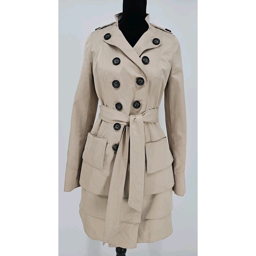 Anthropologie Indra Women's Trench Coat Beige 2 Ruffled Back Belted
